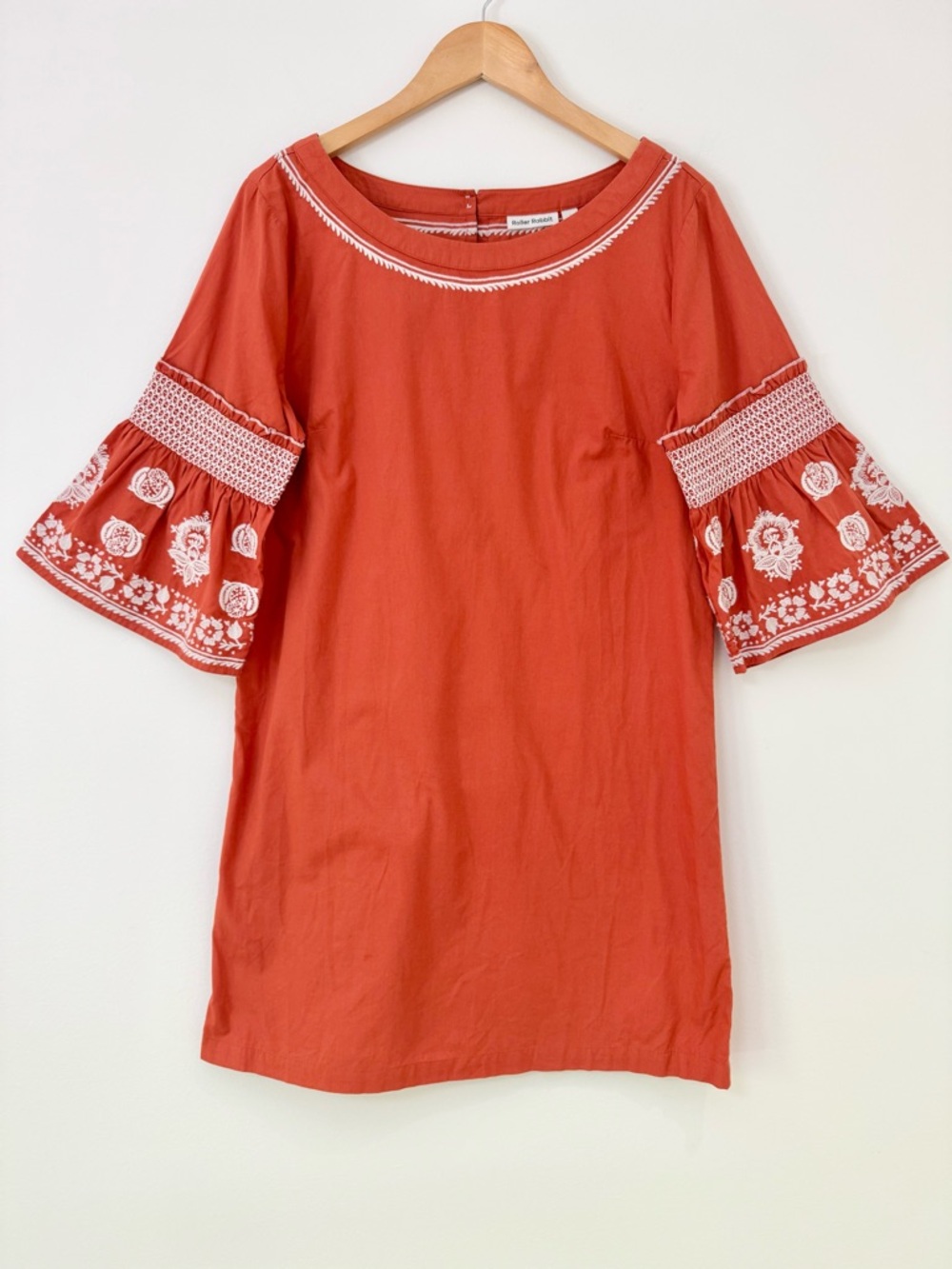Roller Rabbit Roberta Embroidered Bell Sleeve Mini Dress Terracotta Orange Large